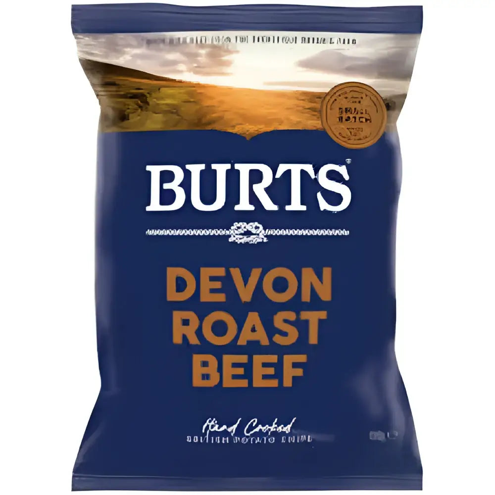 Burts crisps devon roast beef potato chips in a blue bag with orange text and a countryside scene perfect for equestrian snacks