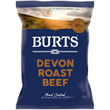 Burts crisps devon roast beef potato chips in a blue bag with orange text and a countryside scene perfect for equestrian snacks