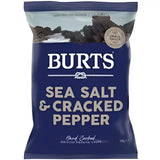 Burts crisps sea salt and cracked pepper hand crafted british potato chips in dark blue bag with coastal image