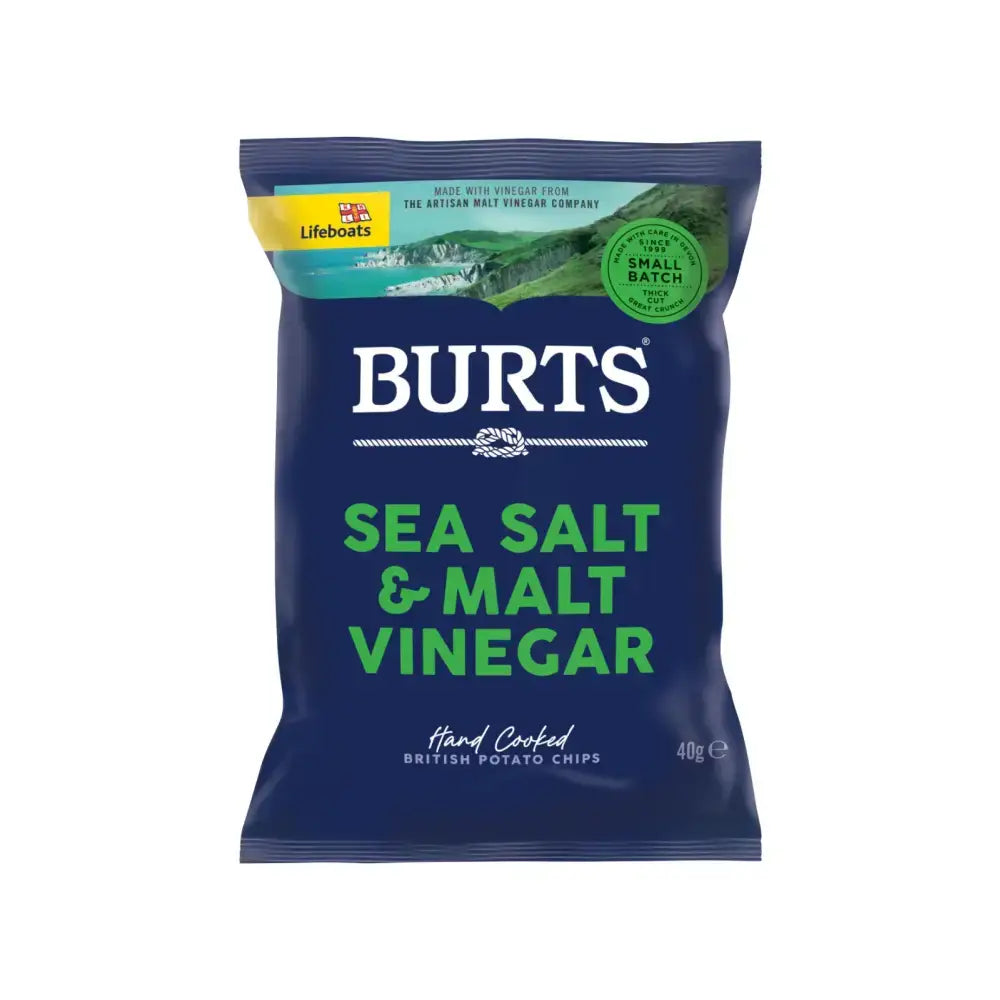 Burts crisps sea salt and malt vinegar hand cooked british potato chips in dark blue bag with green and white text