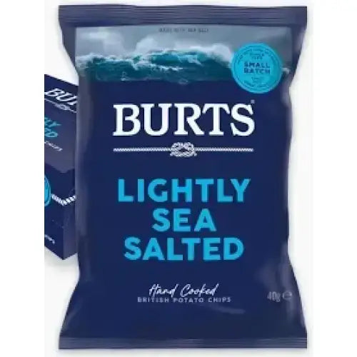A navy blue bag of burts crisps sea salted british potato chips with a teal small batch label and wave design