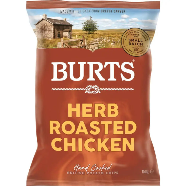 A red bag of burts herb roasted chicken 150g british potato chips with rustic countryside design and gold text
