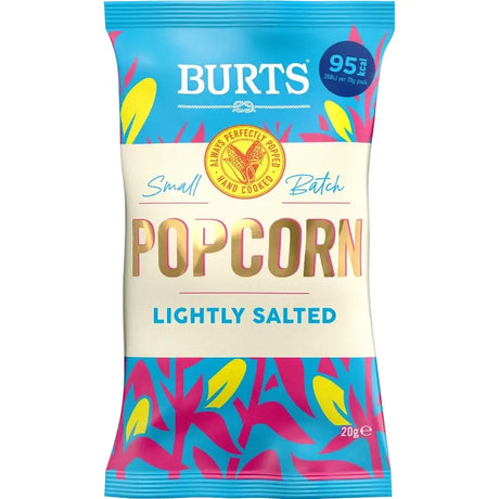 A vibrant blue and pink burts popcorn lightly salted bag with gold lettering on a cream center for lightly salted snacks