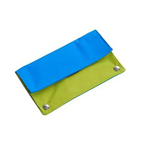 Blue and lime green two-tone fabric buster activity mat game with silver grommets for easy hanging and play