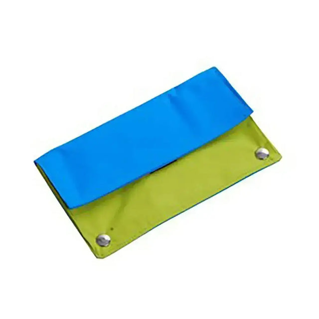Blue and lime green two-tone fabric buster activity mat game with silver grommets for easy hanging and play