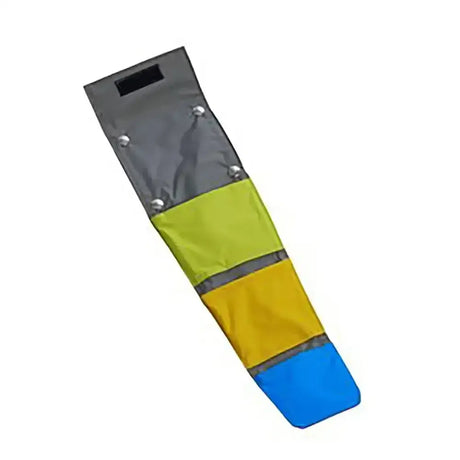 High-visibility safety belt with gray, lime green, yellow, and blue panels on buster activity mat oblong task attached with four press studs
