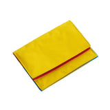 Bright yellow fabric pouch with red and blue zipper trim for buster activity mat game book storage