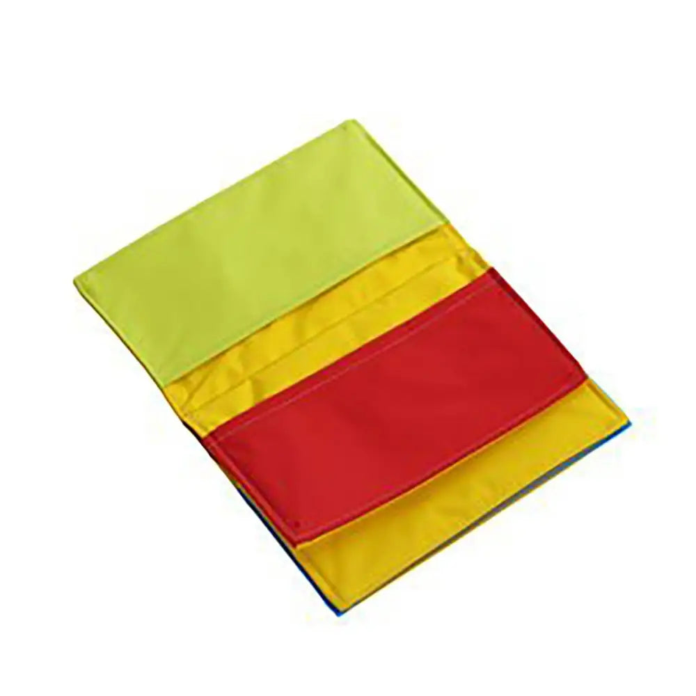 Brightly colored three-panel referee flag with lime green yellow and red sections made of durable fabric for buster activity mat game