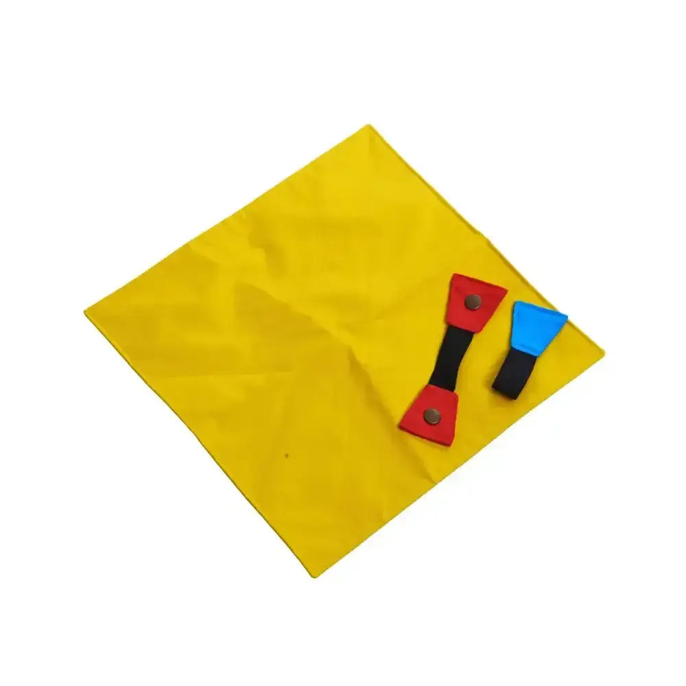 Bright yellow fabric pouch with red and blue magnetic clasps for buster activity mat game cloth