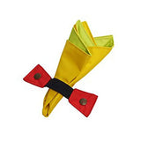 A vibrant yellow buster activity mat napkin folded with a red bow tie and black straps on the activity mat game cloth