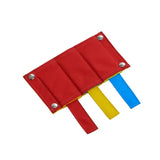 Red fabric pouch with silver snaps and colorful striped tabs for buster activity mat mouse trap level 3 game
