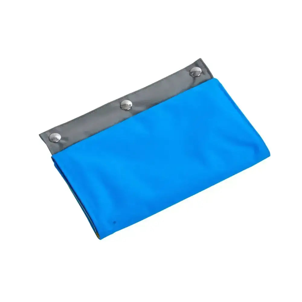Bright blue waterproof pouch with gray reinforced top and three silver snap buttons in buster activity mat game rainbow purse