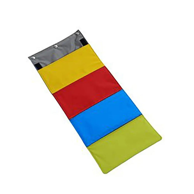 Colorful four-panel fabric buster activity mat game rainbow purse with gray top edge and black fasteners