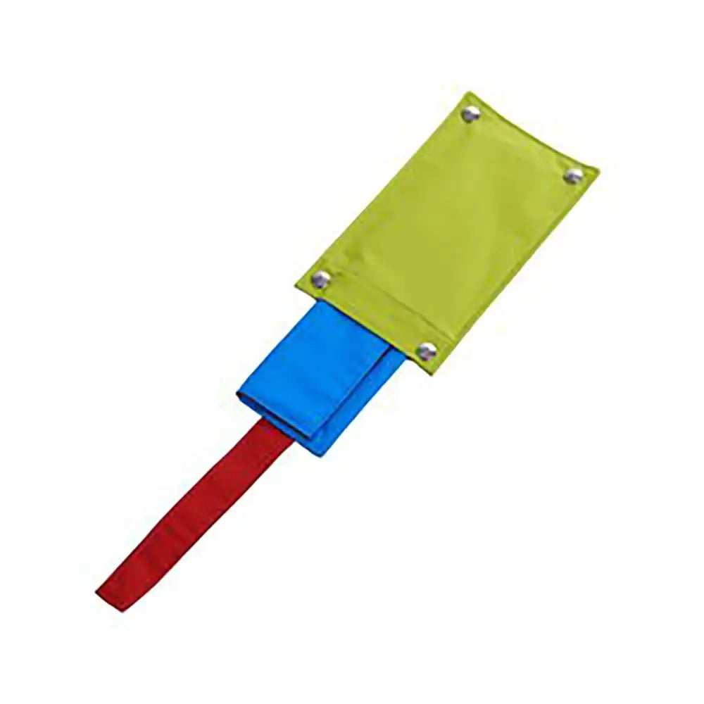 Bright green blue and red fabric wristband with silver rivets for the buster activity mat rat trap game