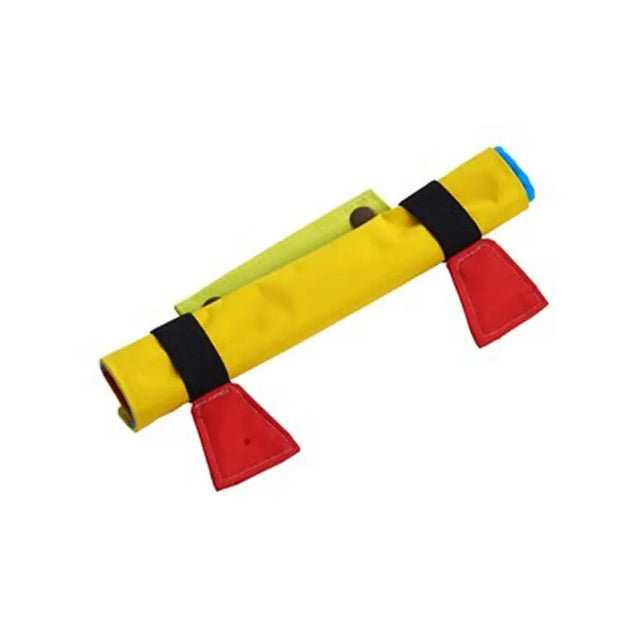 Bright yellow and lime green fabric toy rocket with red fins and black straps in buster activity mat game rockn roll