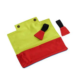 Bright yellow and red two-tone fabric pouch with black straps for the buster activity mat game rockn roll