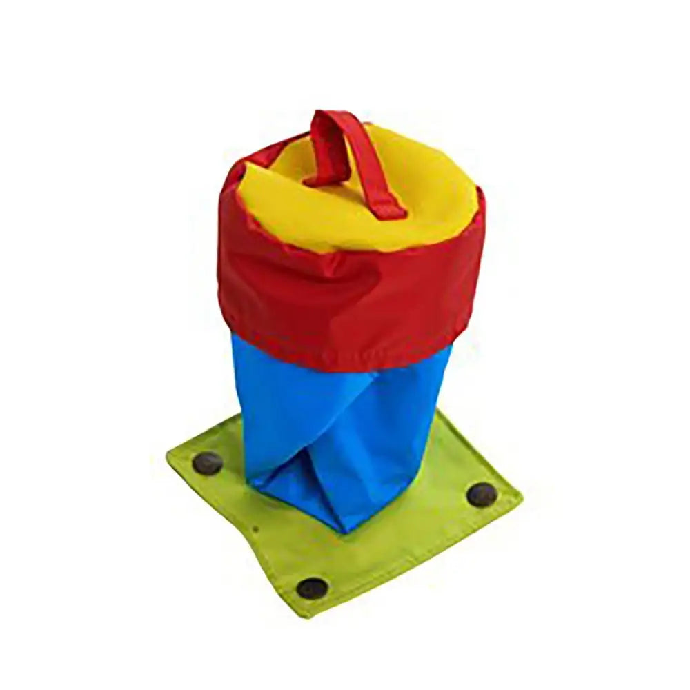 Colorful multi-sectioned fabric trash can with red top and handle yellow lid blue body green base for buster activity mat