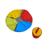 Colorful segmented beanbag chair with red yellow blue and green panels for buster activity mat circular task use