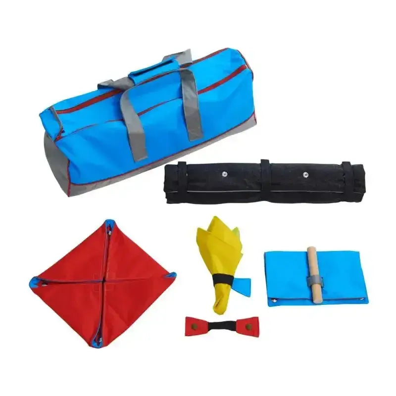 Blue and gray duffel bag with red zipper accents part of the buster activity mat starter set for easy carrying