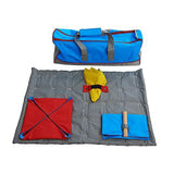 Blue and gray inflatable buster activity mat with red yellow and blue accessories in activity mat starter set
