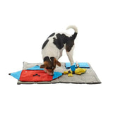 Gray fabric buster activity mat starter set with red and blue interactive puzzle squares for dogs