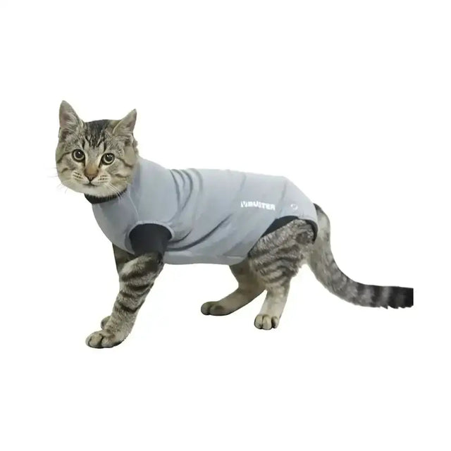 Gray fabric buster body suit for cats with black accents and belly enabling pads for comfortable protection