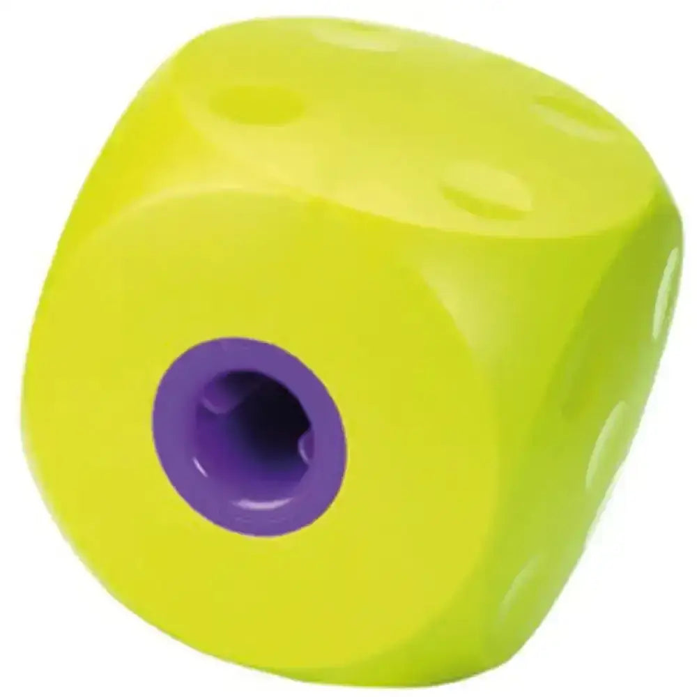 Bright lime green buster mini cube plastic dog toy with purple hole an ingenious toy recommended for small dogs