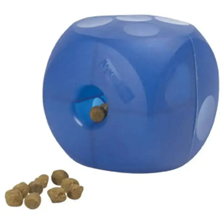 Blue translucent buster soft cube dog toy with central hole and golden ball inside perfect soft cube dog chew toy