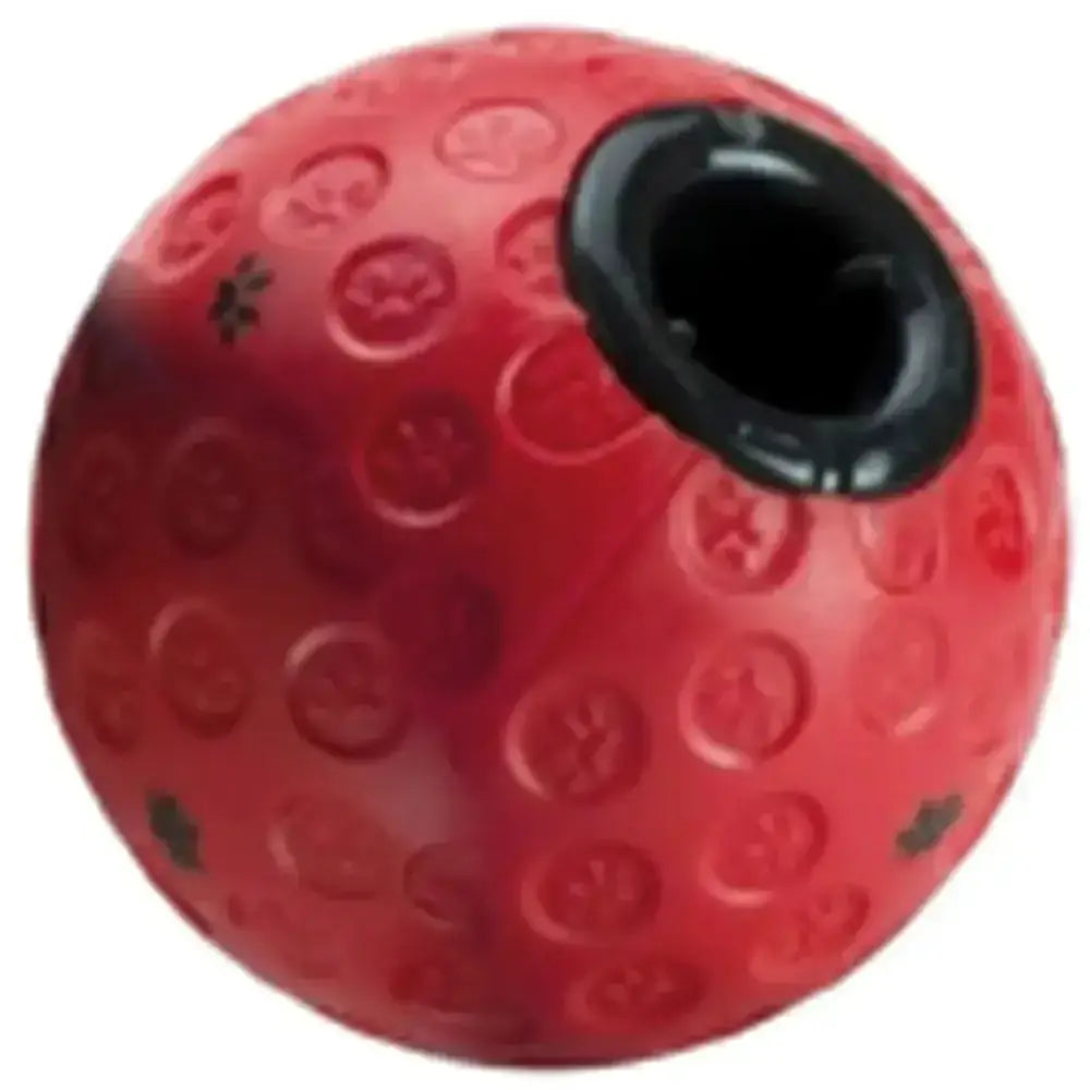 Red buster treat ball dog toy with black opening and strawberry patterns for interactive ball dog toys play