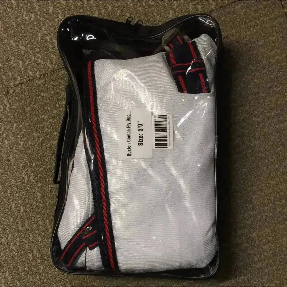 White buxton fly rug combo 50 inches with anti rub satin and smart colour contrast neatly folded in clear bag