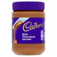A jar of cadbury chocolate spread 400g with creamy milk chocolate in a clear glass jar and purple lid and label