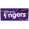 Purple cadbury milk fingers chocolate bar packaging with white lettering and finger shaped milk chocolate images