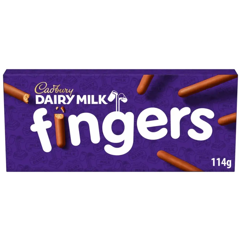 Purple cadbury milk fingers chocolate bar packaging with white lettering and finger shaped milk chocolate images