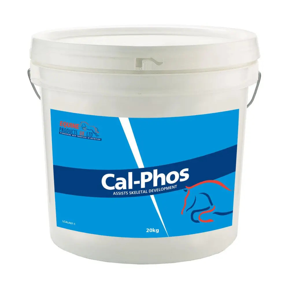 White plastic bucket with blue and white cal-phos label containing horse supplements rich in important macro-minerals