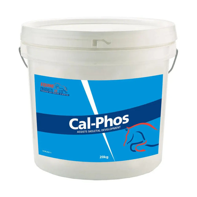 White plastic bucket with blue and white cal-phos label containing horse supplements rich in important macro-minerals