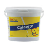 A white plastic bucket of calavite high calcium limestone horse supplements with a yellow and blue label