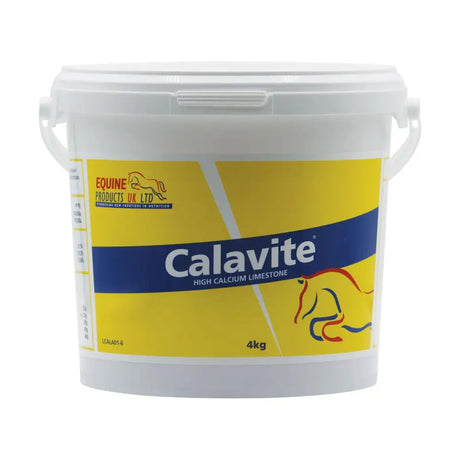 A white plastic bucket of calavite high calcium limestone horse supplements with a yellow and blue label