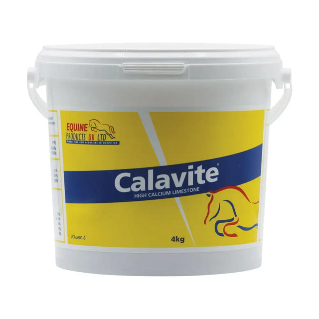 A white plastic bucket of calavite high calcium limestone horse supplements with a yellow and blue label