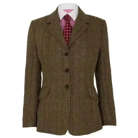 Brown tweed three-button girls tweed riding jacket with notched collar and flap pockets from caldene southwold