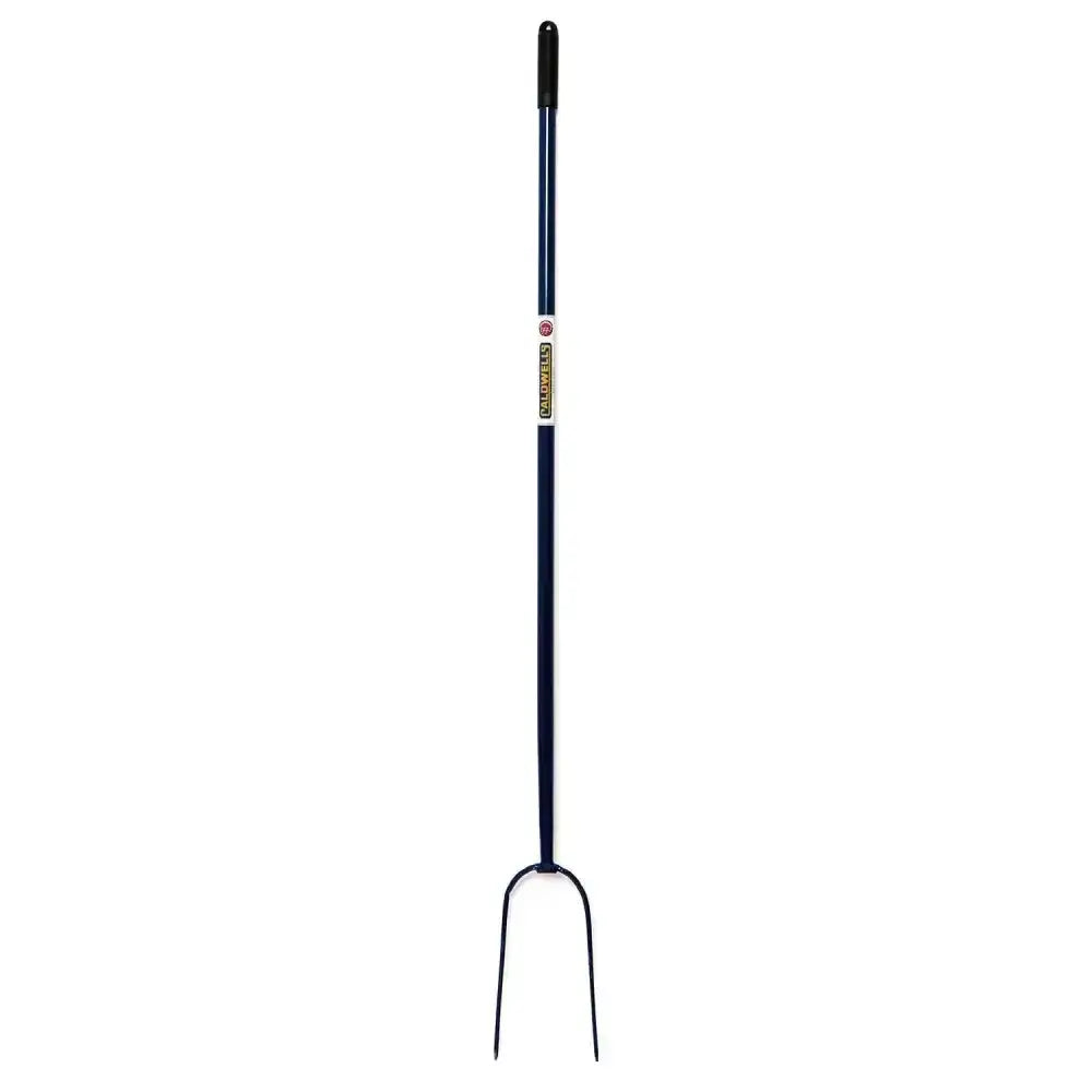 Blue metal caldwells 2 prong tubular hay fork long handle with black handle and gold label for easy hay moving