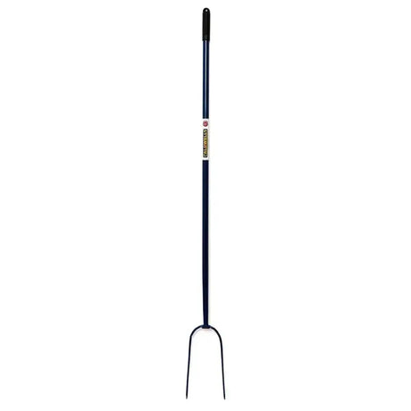 Blue metal caldwells 2 prong tubular hay fork long handle with black handle and gold label for easy hay moving