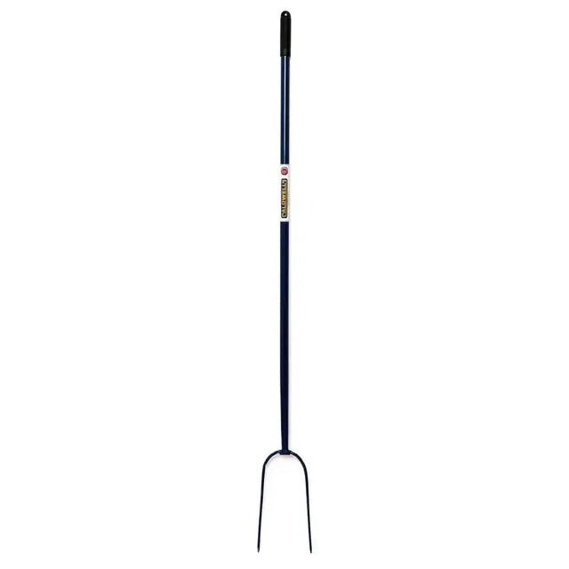 Blue metal caldwells 2 prong tubular hay fork long handle with black handle and gold label for easy hay moving