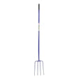 Purple metal caldwells 4 prong tubular muck fork long handle with black grip and four tines for heavy-duty gardening