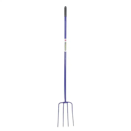 Purple metal caldwells 4 prong tubular muck fork long handle with black grip and four tines for heavy-duty gardening