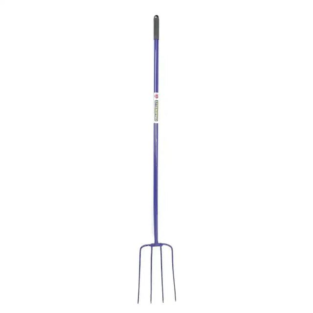Purple metal caldwells 4 prong tubular muck fork long handle with black grip and four tines for heavy-duty gardening