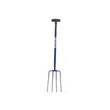 Caldwells 4 prong tubular muck fork with blue handles black t-shaped grip and four sturdy metal tines for heavy duty use