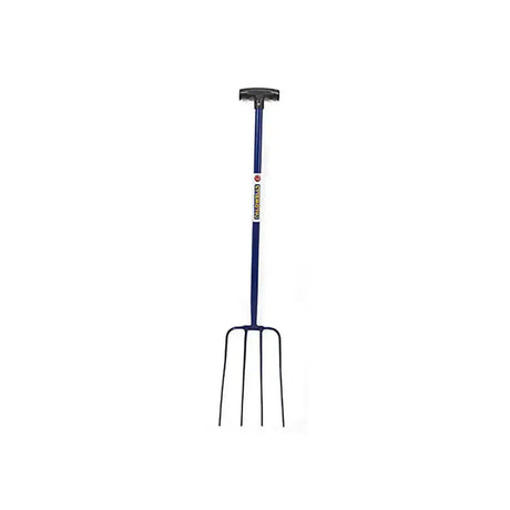 Caldwells 4 prong tubular muck fork with blue handles black t-shaped grip and four sturdy metal tines for heavy duty use
