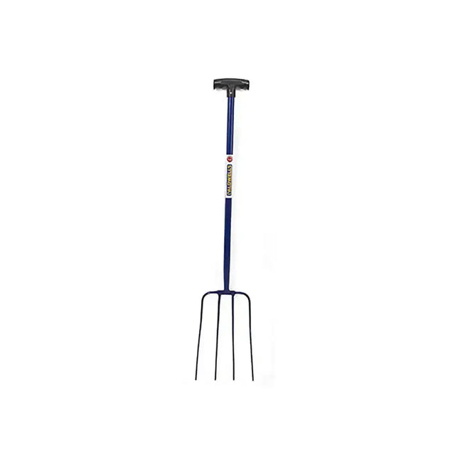 Caldwells 4 prong tubular muck fork with blue handles black t-shaped grip and four sturdy metal tines for heavy duty use