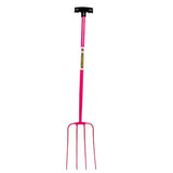 Pink caldwells 4 prong tubular muck fork with black t-handle and yellow branding for garden use