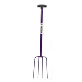 Purple-handled caldwells 4 prong tubular muck fork with black t-shaped grip and four metal tines for heavy-duty use